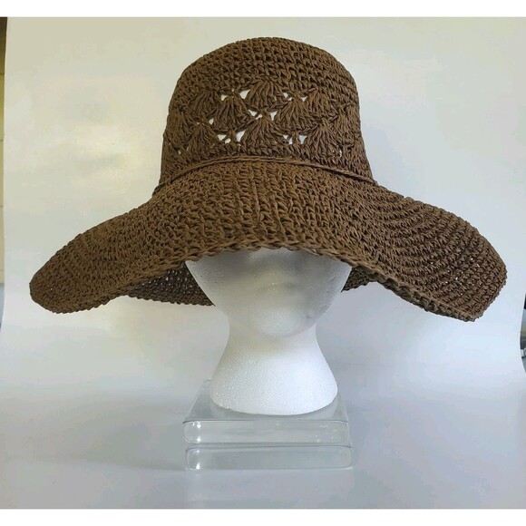 BOHO Crocheted Straw Paper Beach/Garden Sun Hat Brown Floppy Wide Brim Vtg 90s - Picture 5 of 5